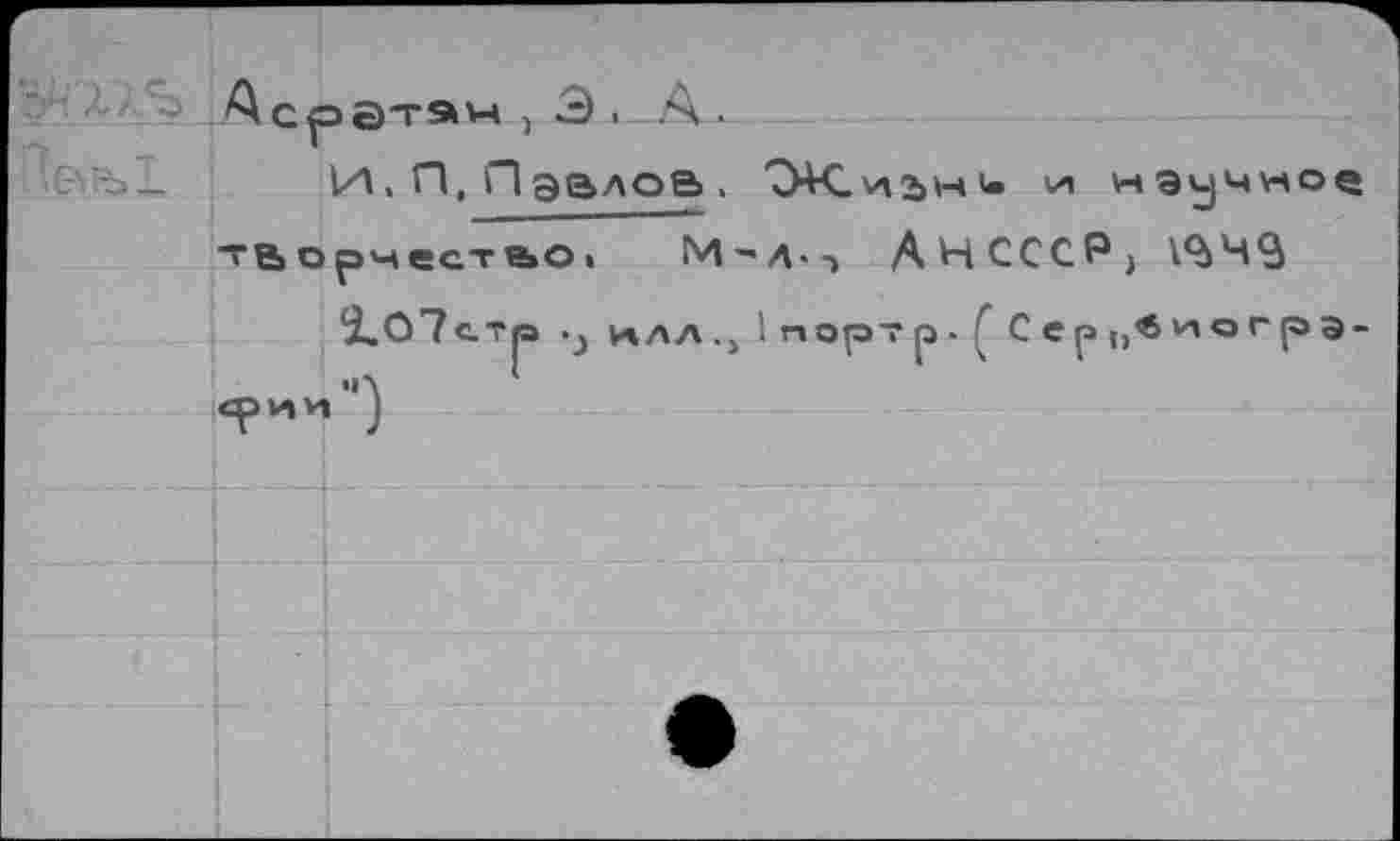 ﻿Л aS
Асратэч ) Э. A.
И. П, Павлов . ОК.иъ«'» * «эум'гАое “ВорчестьО| М"Л*-» АНСССР, 1^4$
i. О 7 стр .J илл I порт р • Г Cept,<SHorp3-